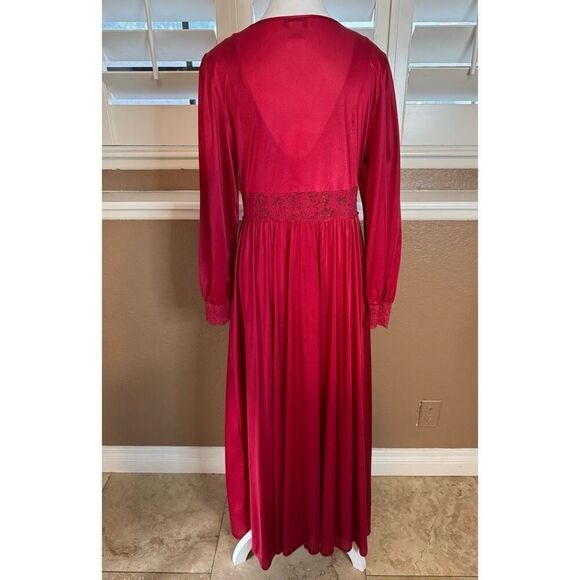 Vintage Shadowline M Satin Gown And Robe Set Deep Red Lace Trim Romantic Evening - Picture 6 of 12